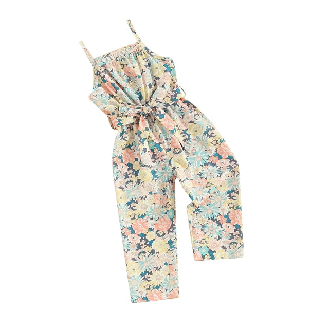 EYIIYE Combinaison d'Été à Jambes Larges pour Filles Enfants 1-6 Ans Combinaison Sans Manches Rayée/couleur Contrastée/imprimé Floral Bretelles Spaghetti avec Ceinture Vêtements de Mode Décontractés Quotidiens