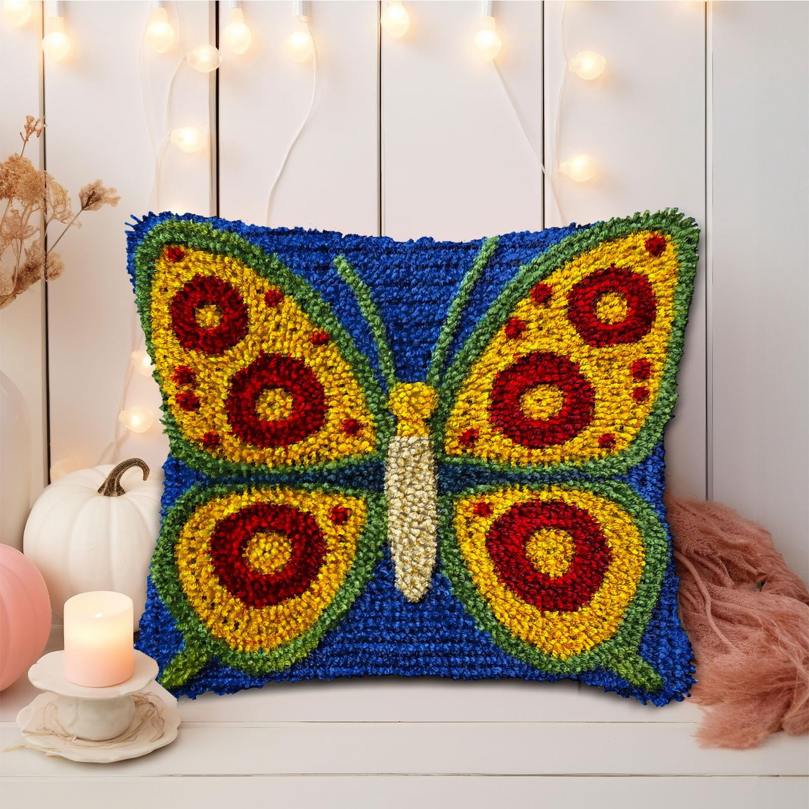 DIY Latch Hook Pillow Kits Yellow Butterfly with Red Wing Printed Pillowcase Crochet Yarns Hooking Handmade Pillow Cover Cushion for Home Sofa Decoration 17x17inch-2