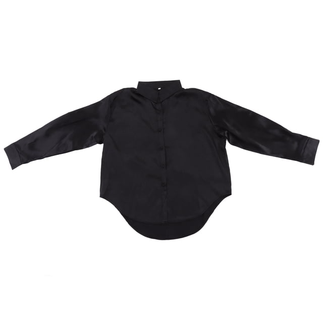 Blusa de satén con mangas largas, informal, ajustada, con botones en la parte delantera, para mujer, color negro, talla L