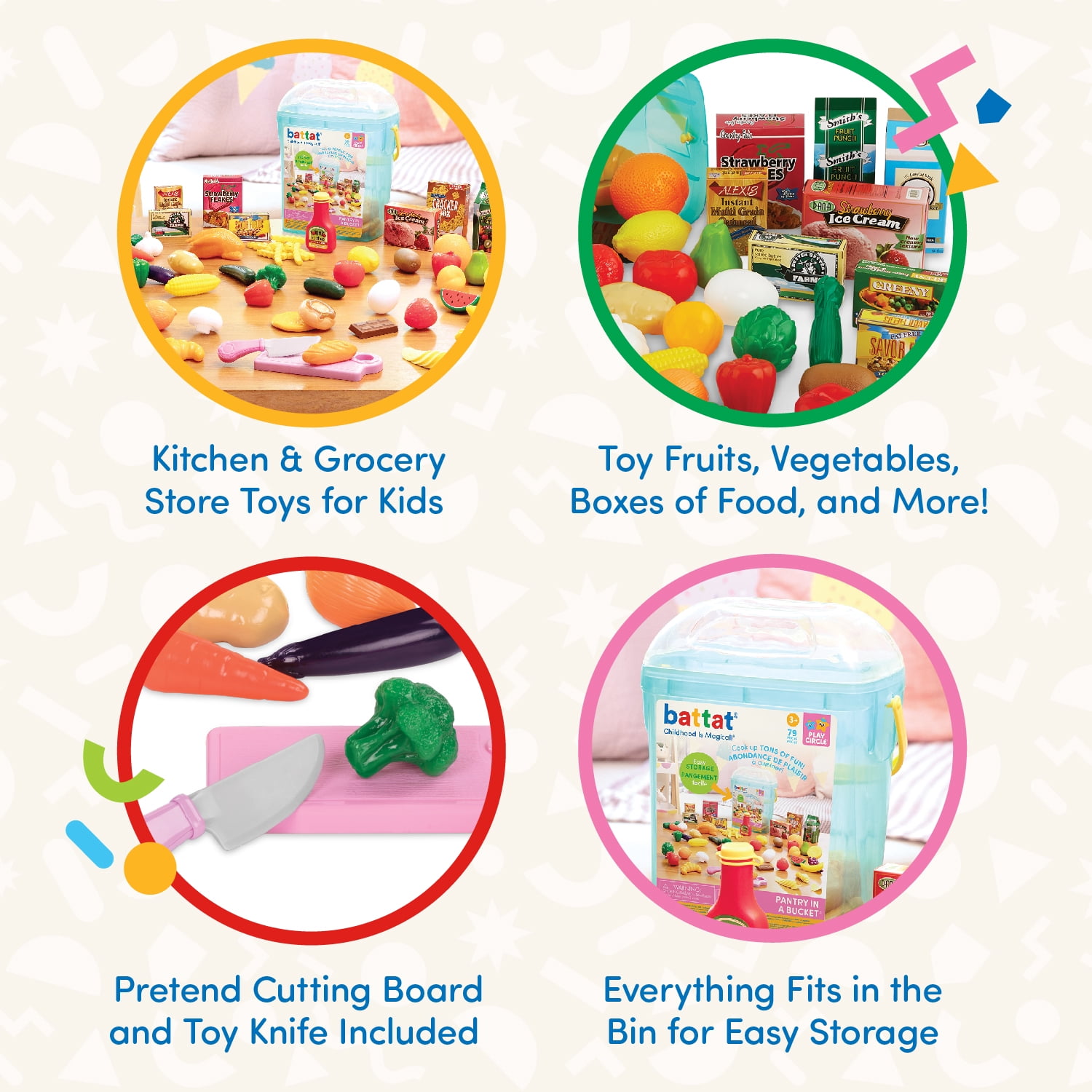 Battat Pantry in a Bucket Play Food Set with 70+ Pieces 11.46 in, Toddler and Preschool Toys