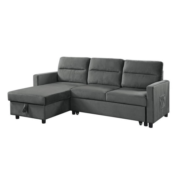Ivy Dark Gray Velvet Reversible Sleeper Sectional Sofa with Storage Chaise and Side Pocket