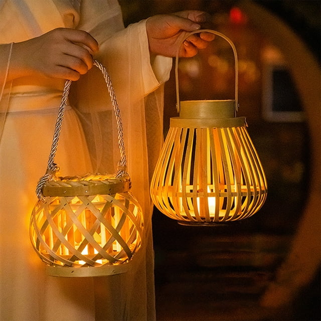 Fiudx Farol de Bambú con Luz Led Amarilla Cálida, Diseño Decorativo para Colgar o Colocar Sobre La Mesa, Impermeable, para Jardín, Patio, Balcón, Jardín, Tamaño 35 X 18 Cm.