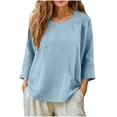 thumbnail image 3 of Womens Casual Shirts Cotton Linen Long Sleeve Crewneck Shirt Comfy Lightweight Beach Vacation Tops Fashion Loose Blouse with Pocket, 3 of 6
