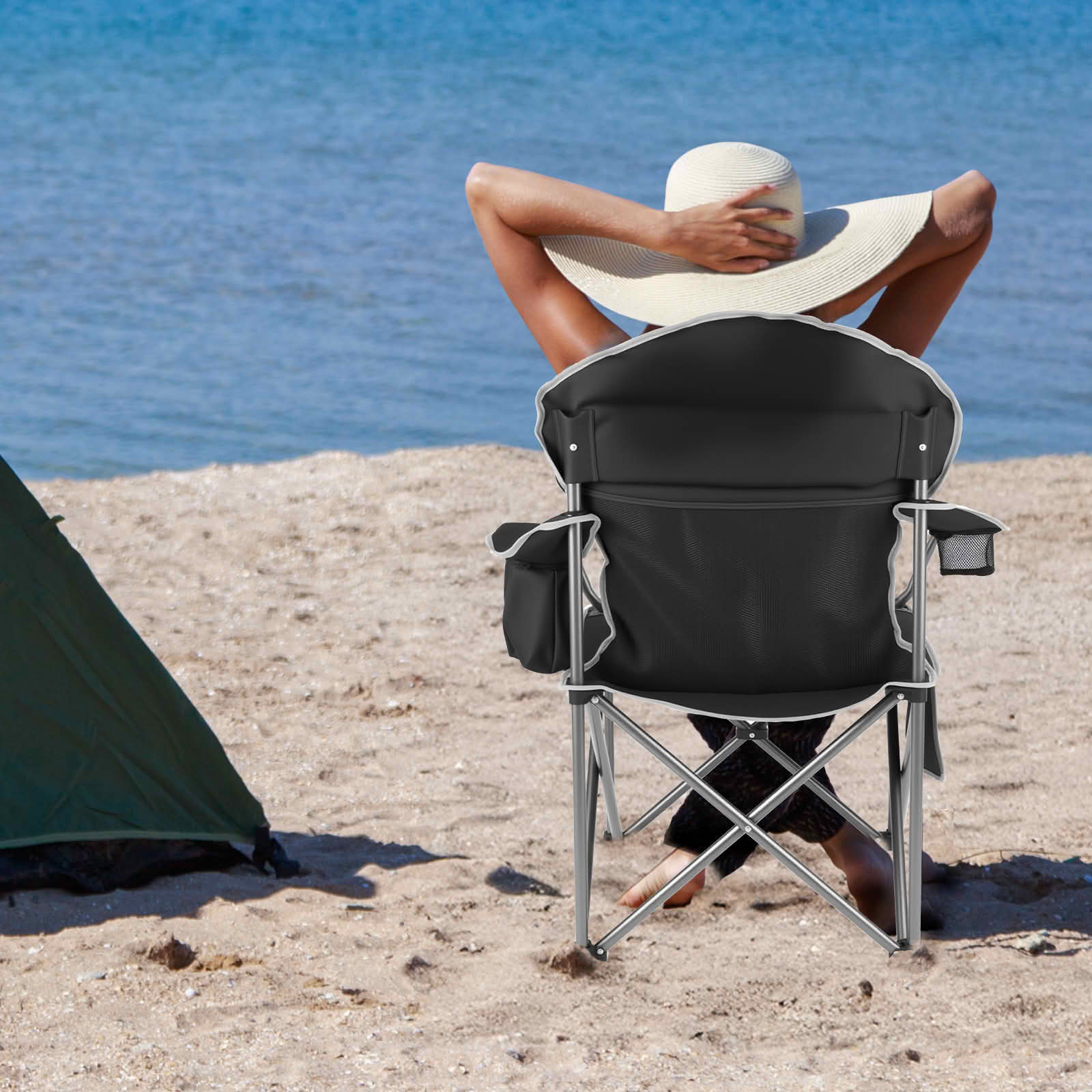 MAYEERTY Oversized Camping Folding Chair 5000 LBS Steel Frame Padded with Cup Holder Cooler Bag