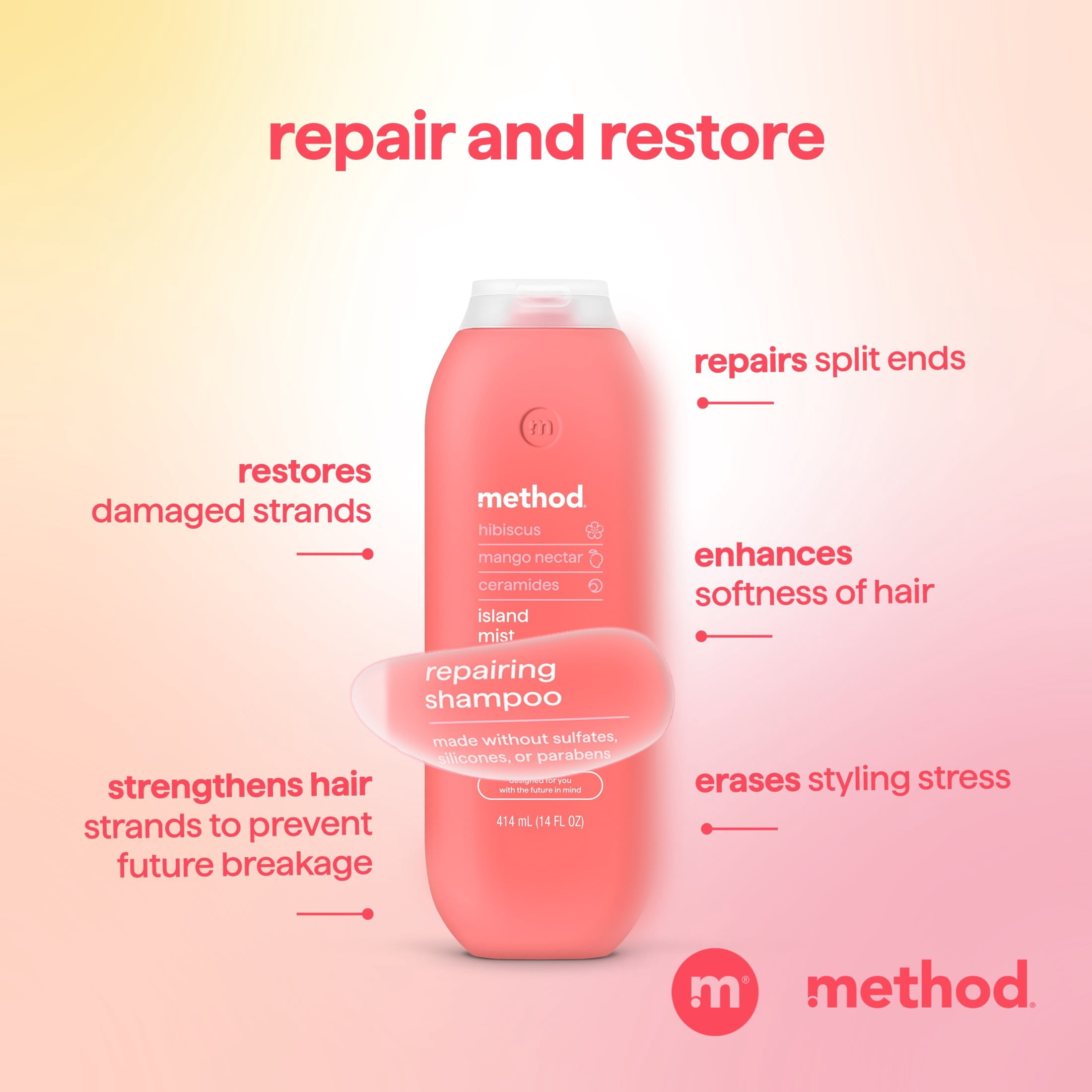 Method Repairing Shampoo, Island Mist - Nourishes Hair and Restores Damaged Strands - Sulfate Free, Color Safe - 14 oz
