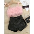 thumbnail image 2 of Qmyliery Kid's Girl Short Pants Outfits, Sleeveless Plush Decor Sling Tops + Elastic Waist Short Pants with Belt Set,1-6 Years, 2 of 9