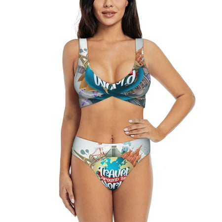 Zeuib Travel Around The World High Waisted Tummy Control Bikini Set - Knot Front Push Up Top & Cheeky Thong Bottom  Two-Piece Swimsuit for Women-XX-Large