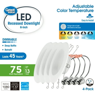 Great Value 6" LED Deep Retrofit Downlight, 13-Watt(75W Replacement) CCT Selectable E26 Base 4 Pack