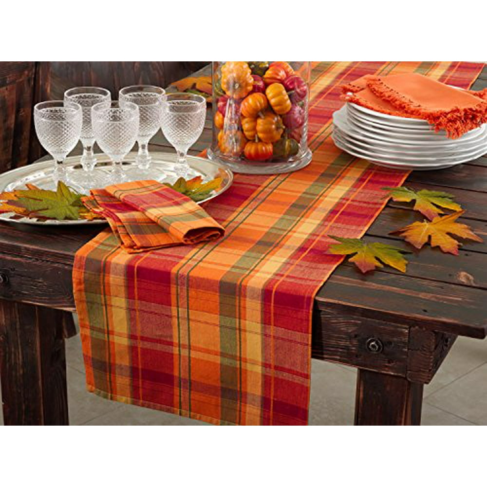 Harvest Plaid Design Cotton Terracotta Table Runner (16"X108