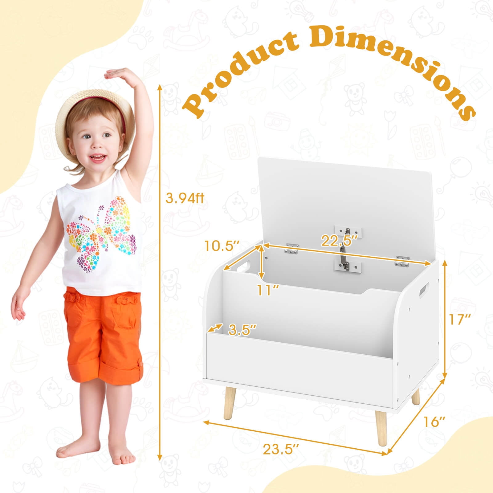 Costway Kids Wooden Toy Box with Front Bookshelf 4 Solid Wood Legs Flip-top Lid for Nursery White