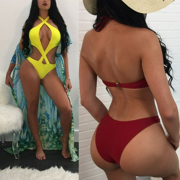 Hot sexy Women One-Piece solid color Push-up Bikini Padded Set