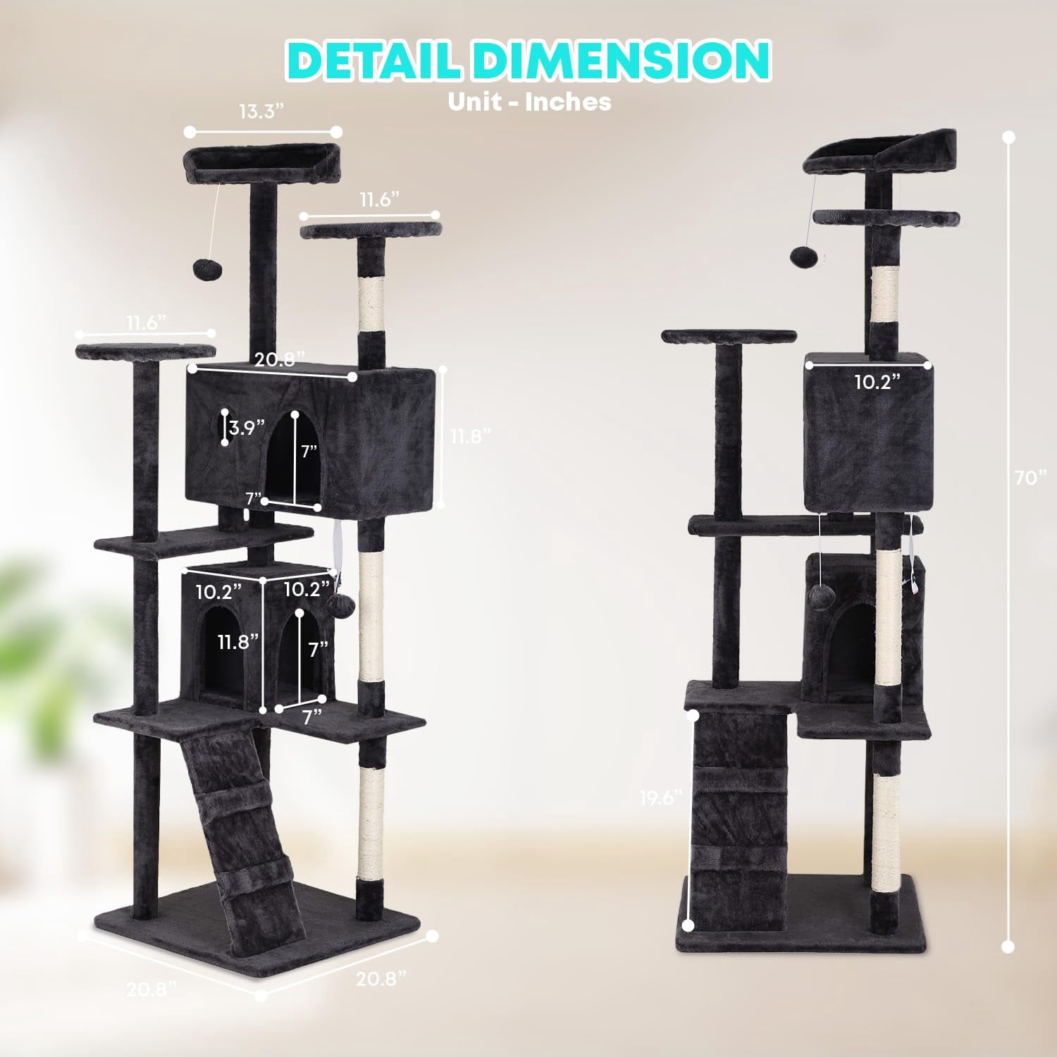 70 Inches Large Multi-Level Cat Tree, Tall Cat Tree with Sisal-Covered Scratching Posts, Condo, Dangling Ball, and Extended Platform for Cats to Play and Sleep, Dark Grey