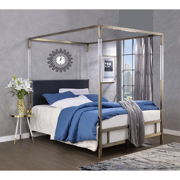 ACME Raegan Queen Canopy Bed in Acrylic, Antique Brass and Gray Velvet