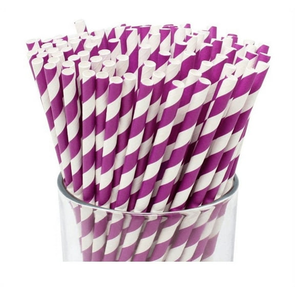 Topboutique Purple Straws - 100 Pack Of Biodegradable Striped Paper Straws For Parties, Cake Pop Sticks, And More