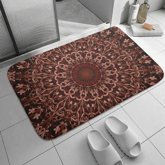 Bath Rug Bathroom Mat Non-Slip Water Absorbent Coral Velvet Shower Rug Machine Washable Memory Foam,Mandala Maroon Boho Red Flower White 17x30 Inch