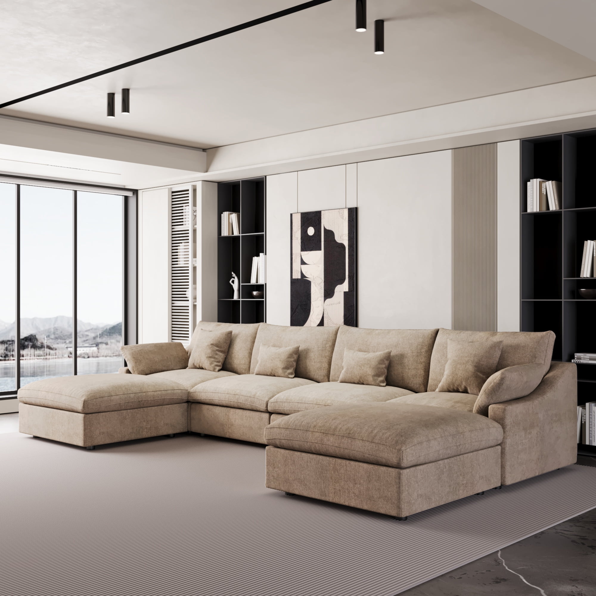The Magic Home Modular Sofa & Sectional Sofa - U Shaped Deep Seat Cloud Couch in Soft Linen Blend Fabric,Perfect for Apartment & Small Space Living,4-seat Sofa with Two Ottomans,Khaki Couch