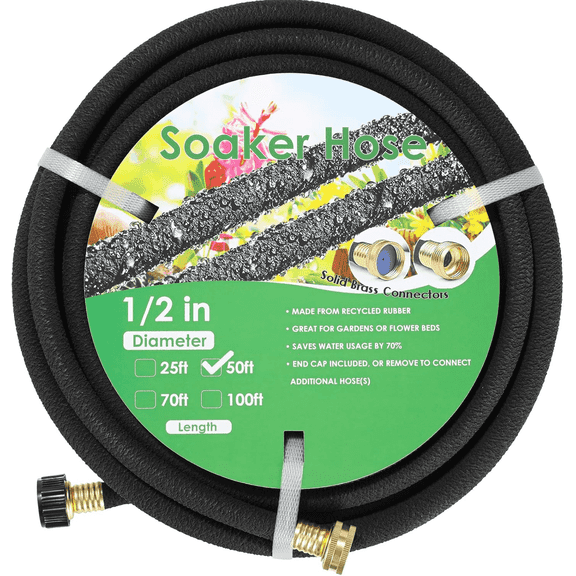 LIFERUN Soaker Hose 50 ft 1/2", Rubber, Solid Brass Connectors, Heavy Duty Drip Hose to Save 70% Water, for Garden, Lawn and Yard