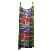 Mogul Womens Stonewashed Sleeveless Dress Green Tie Dye Mirror Work Summer Tank Dresses