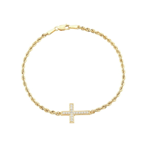 Brilliance Fine Jewelry Cubic Zirconia Cross Rope Bracelet in 10K Yellow Gold, 7.5"