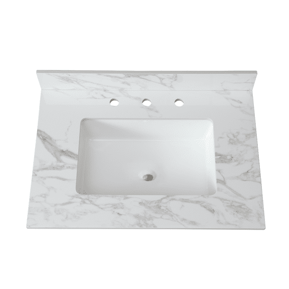 31"x22"Bathroom Vanity Top,sintered stone carra white Barthroom Vanity Sink Tops with Rectangular Undermount Ceramic Sink with Vanity Backsplash, Three Faucet Hole Bathroom Vanity Countertop