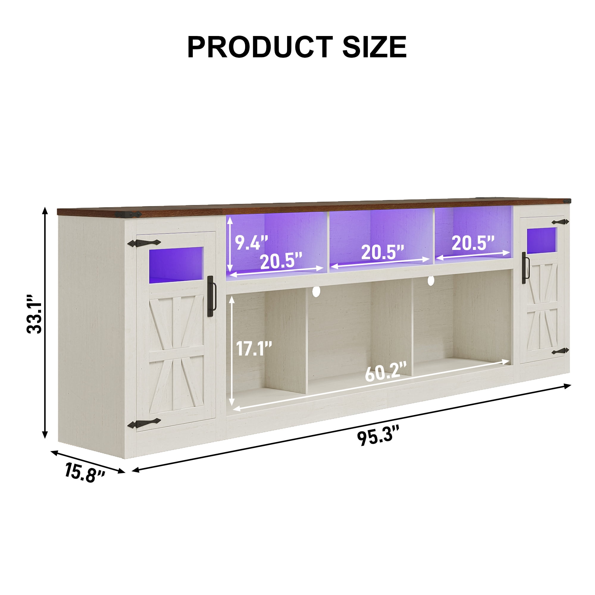 ChVans 95" Farmhouse TV Stand for 90/100"TV with LED Lights and Power Outlets, Large Entertainment Center with 2 Barn Doors Storage Cabinet & 6 Semi-Open Compartments for Living Room, White