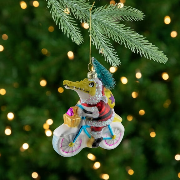 Crocodile Santa Glass Christmas Ornament - 4.25"