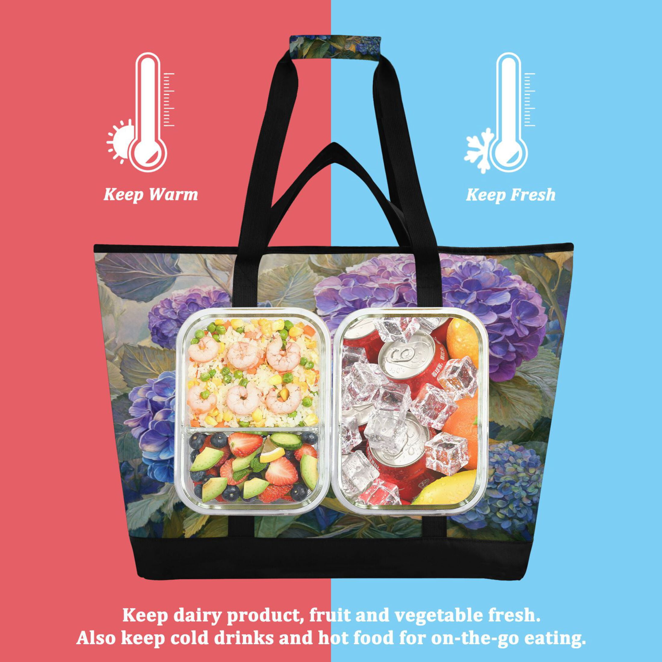 Extra-Large Wide Opening Design Capacity Hand-Held Ice Pack Thickened Insulation Layer For Long-Lasting Cold Retention For Outdoor Shopping Picnics And Camping Beautiful Painting Of Hydrangeas
