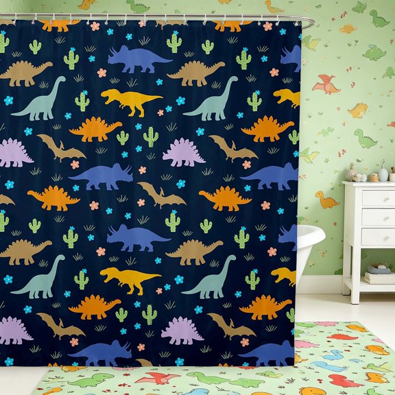 Manfei Minimalist Dino Animals Shower Curtain 72Wx72L,Vintage Cactus Flower Bathroom Curtain,Blue Yellow