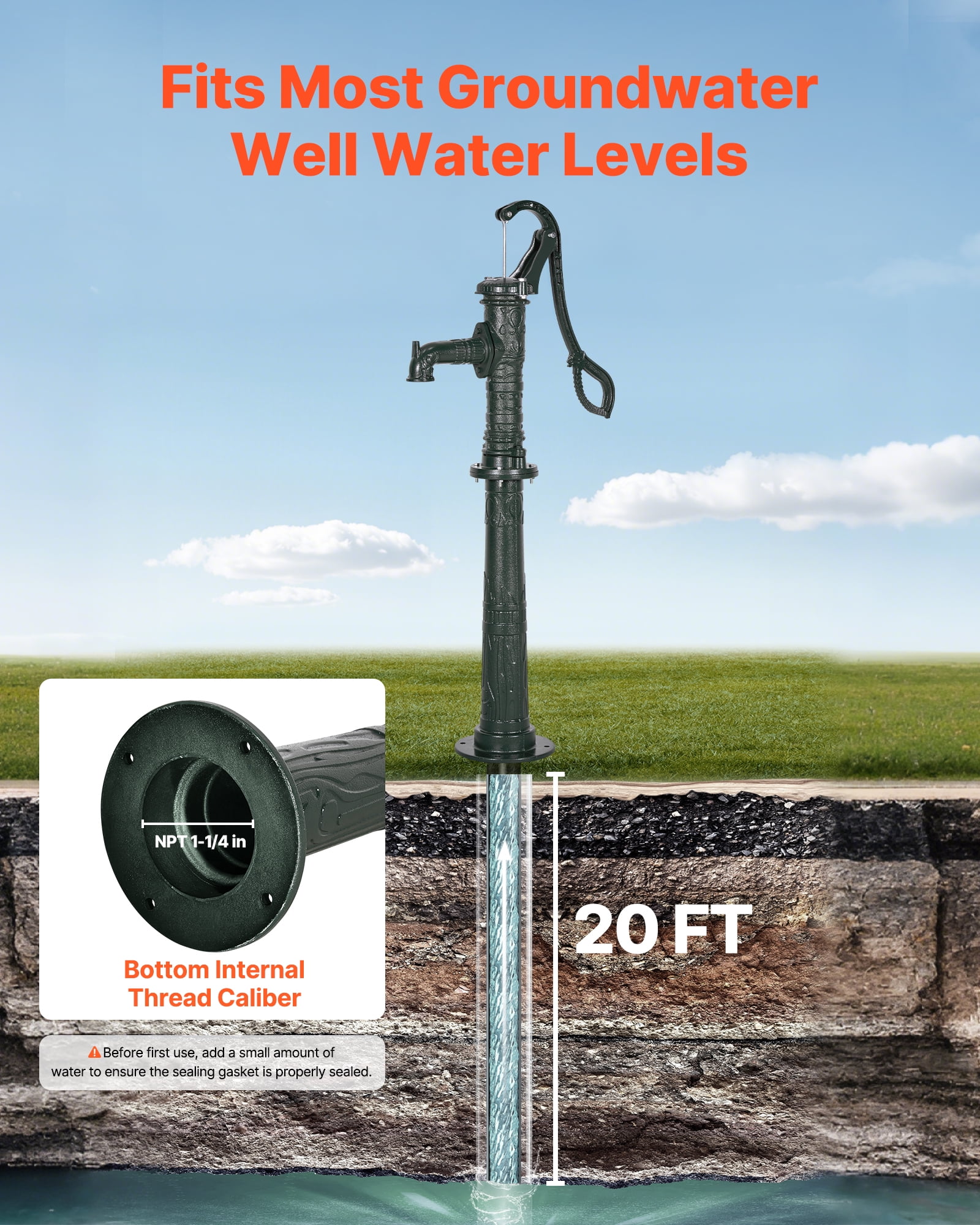 VEVOR Well Hand Pitcher Pump, 20 ft Max Lift, Antique Cast Iron Manual Hand Water Pump with Heightening Base, NPT 1-1/4 in Connection, Easy Installation, for Outdoor Garden, Pond, Yard, Farm, Green