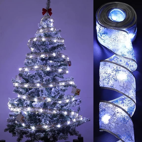 Christmas Tree Decorations Ribbon Lights, 32ft 100 LED String Lights, Battery-Powered Copper Wire Christmas Tree Ribbon Lights for Holiday Party Weddings Indoor Christmas Tree Decorations (Silver)