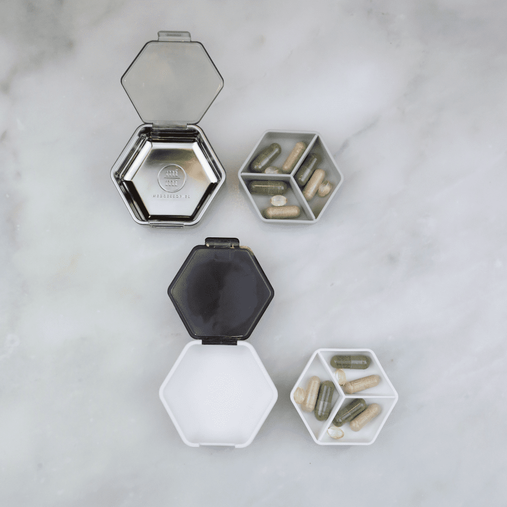 Petite Pillbox | Set of 2 | Pocket Sized Travel Pill Organizer by Mimi Medcessories | Blanc and Platinum