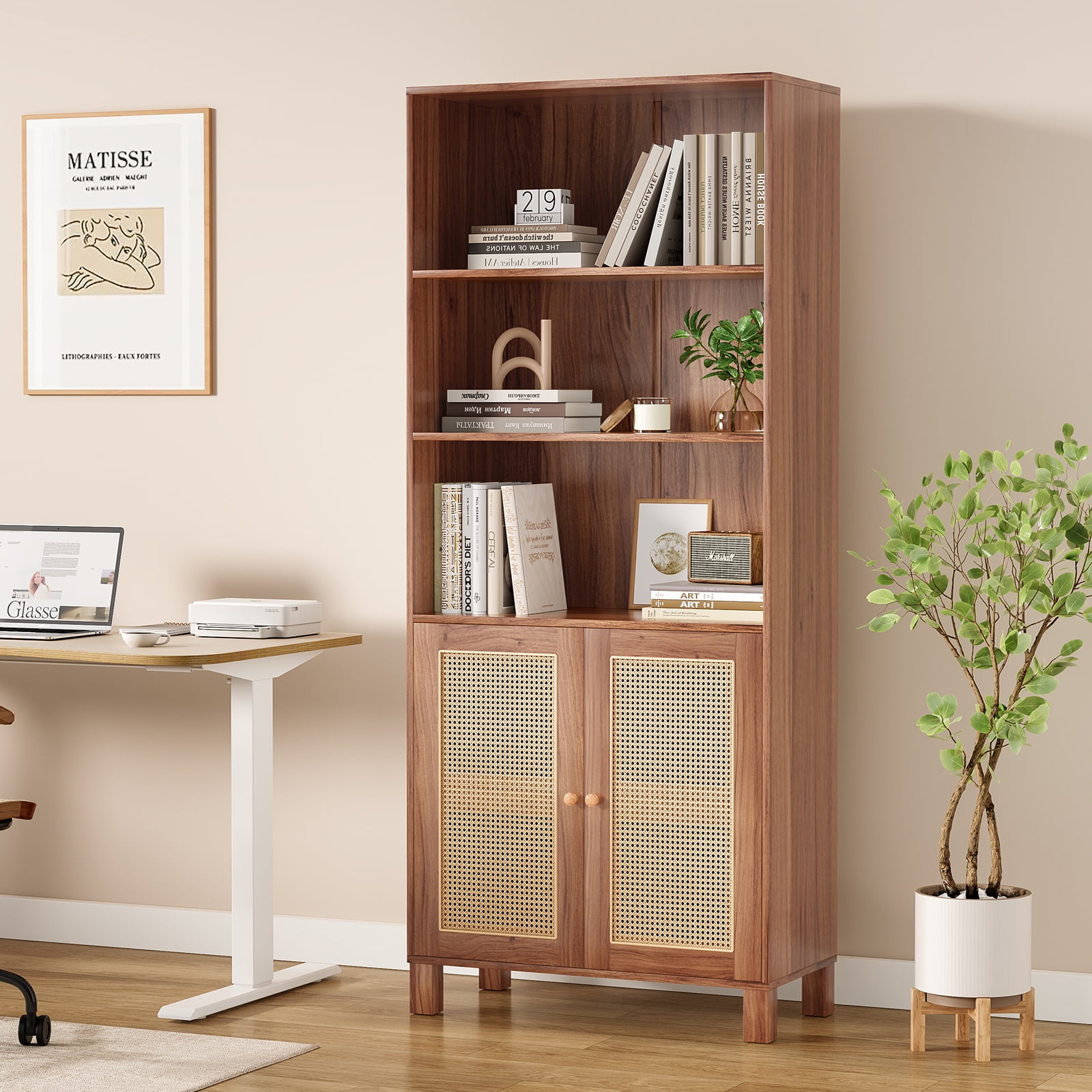 Aukfa Tall Storage Cabinet with Rattan Doors, 5-Tier Wooden Bookcase, Farmhouse Multi-Purpose Cabinet for Living Room,Walnut