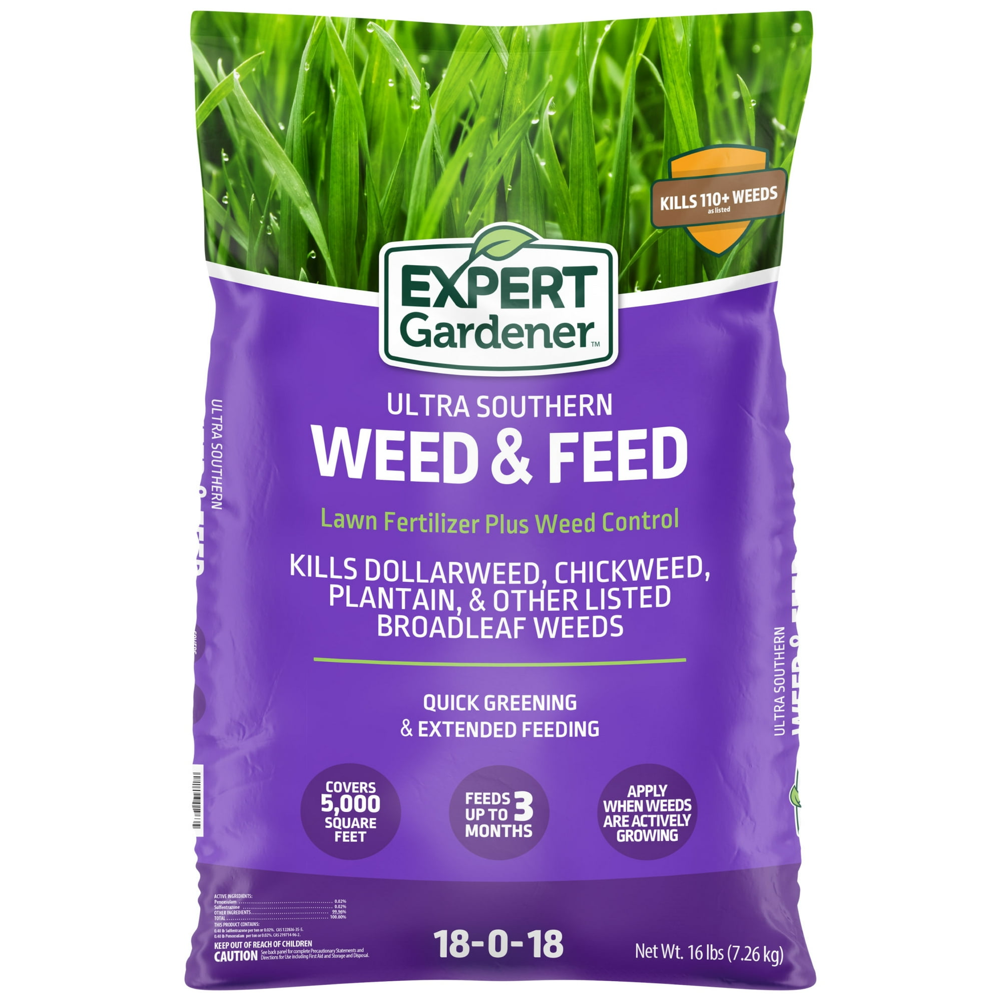 Expert Gardener Ultra Southern Lawn Food & Weed Control, 18-0-18 Fertilizer, 16 lb, Covers Up to 5,000 sq ft