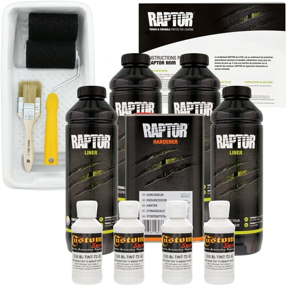 Raptor Bright White Urethane Spray-On Truck Bed Liner Roller,Tray, Brush 4 Liters