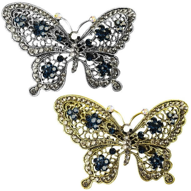 ANCIRS 2 Pack Crystal Butterfly Hair Clips, 3D Rhinestone Hair Barrettes,  Metal Hair Claw Clippers for Women & Girls Thick Thin Hair- Bronze & Black  