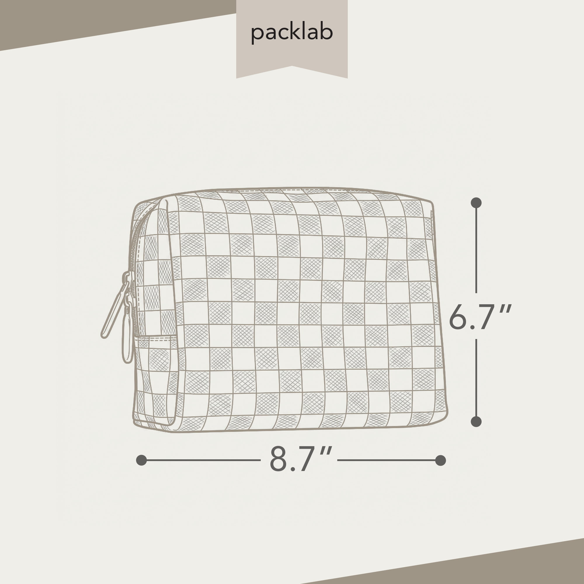 packlab Large Checkered Cosmetic Bag, 4 Interior Pockets, Wipeable, Beige