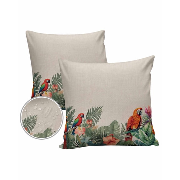 Pack of 2 Outdoor Pillow Covers, Summer Tropical Palm Tree with Parrot Khaki Texture Waterproof Square Throw Pillowcase Cushion Decorative Pillow Covers for Couch Patio Tent, 20x20 in