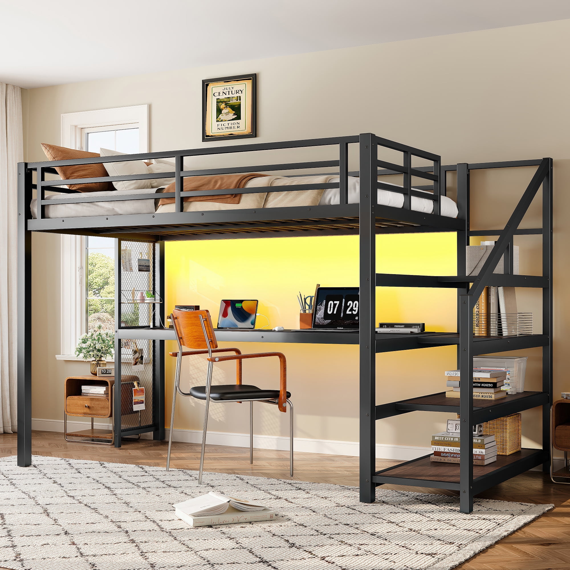 Mintazer Twin XL Loft Bed with Desk & Storage Stairs, Metal Bed Frame with LED Lights & USB Ports for Bedroom Dorm, Black