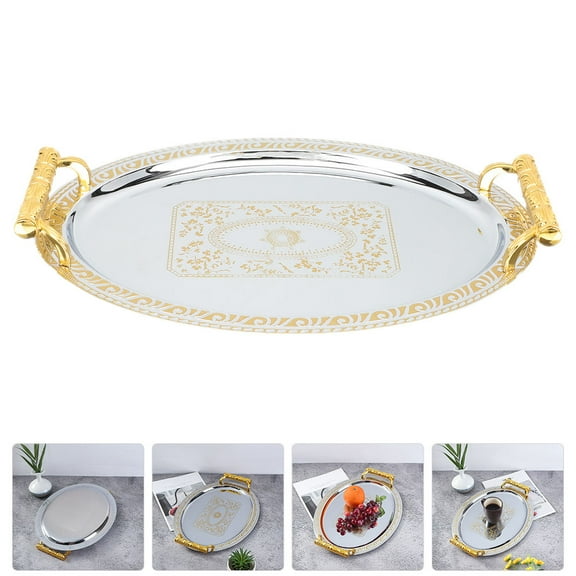 IBASETOY Food Tray with Handles Serving Tray Stainless Steel Silver with Gold Edge for Housewarming 1Set