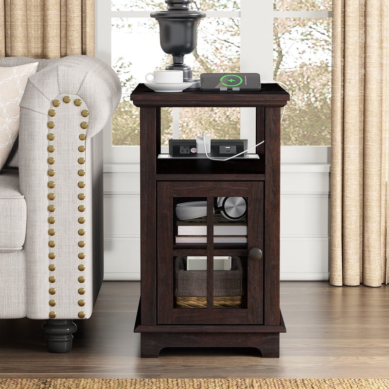PLAMLE End Tables for Living Room with Storage Shelf,Narrow Sofa Side Table Slim Chair Side Table Adjustable Feet End table for Bedroom
