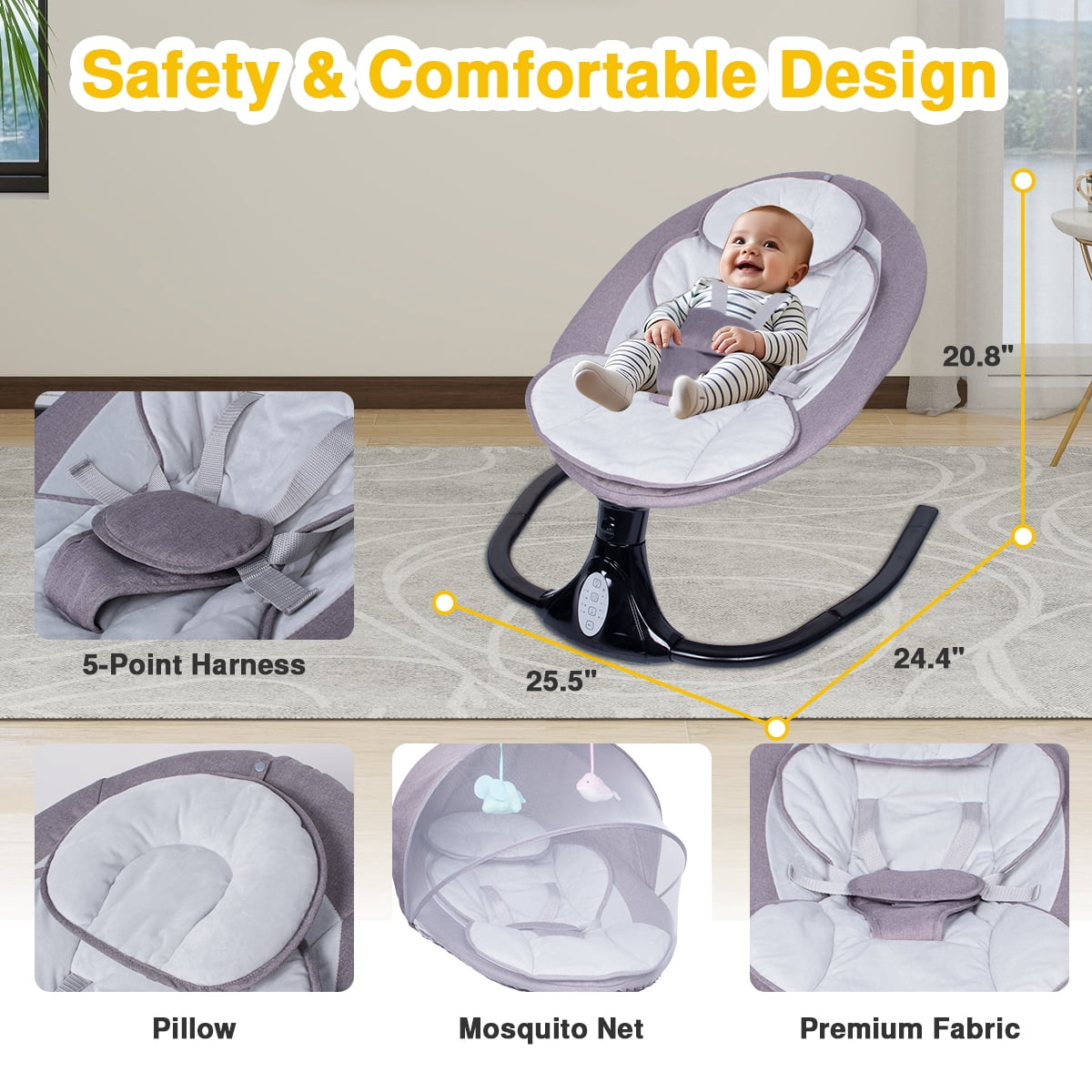 GIATUEE Electric Baby Swing with 12 Lullables, 4-Speed Infant Toddler Swings Bouncer, Bluetooth