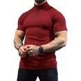 thumbnail image 1 of Camisa musculosa de manga corta para hombre, ajustada, con cremallera de un cuarto, Color puro, cuello vuelto, camisa elástica con cremallera, Rojo XXL, 1 of 6