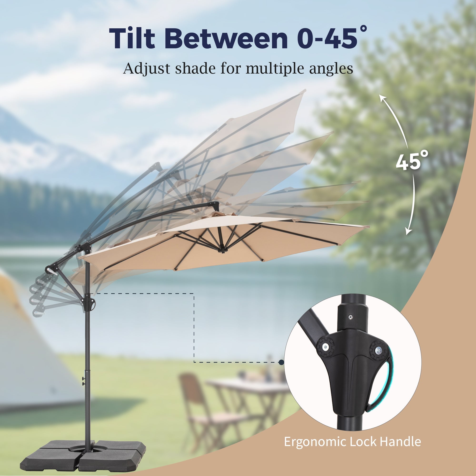 Alpha Joy 10ft Outdoor Patio Offset Market Hanging Umbrella with 8 Steel Ribs & Cross Base(No Weight), Beige