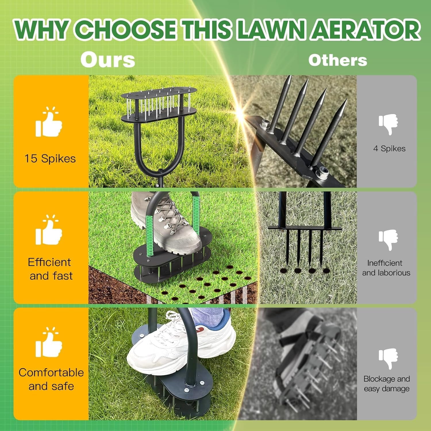 Lawn Aerator Automatic Dirt And Leaf Clean Design Pre-assembled 15 Iron Spikes Metal Soil Aerating Tools For Yard Garden  Tool