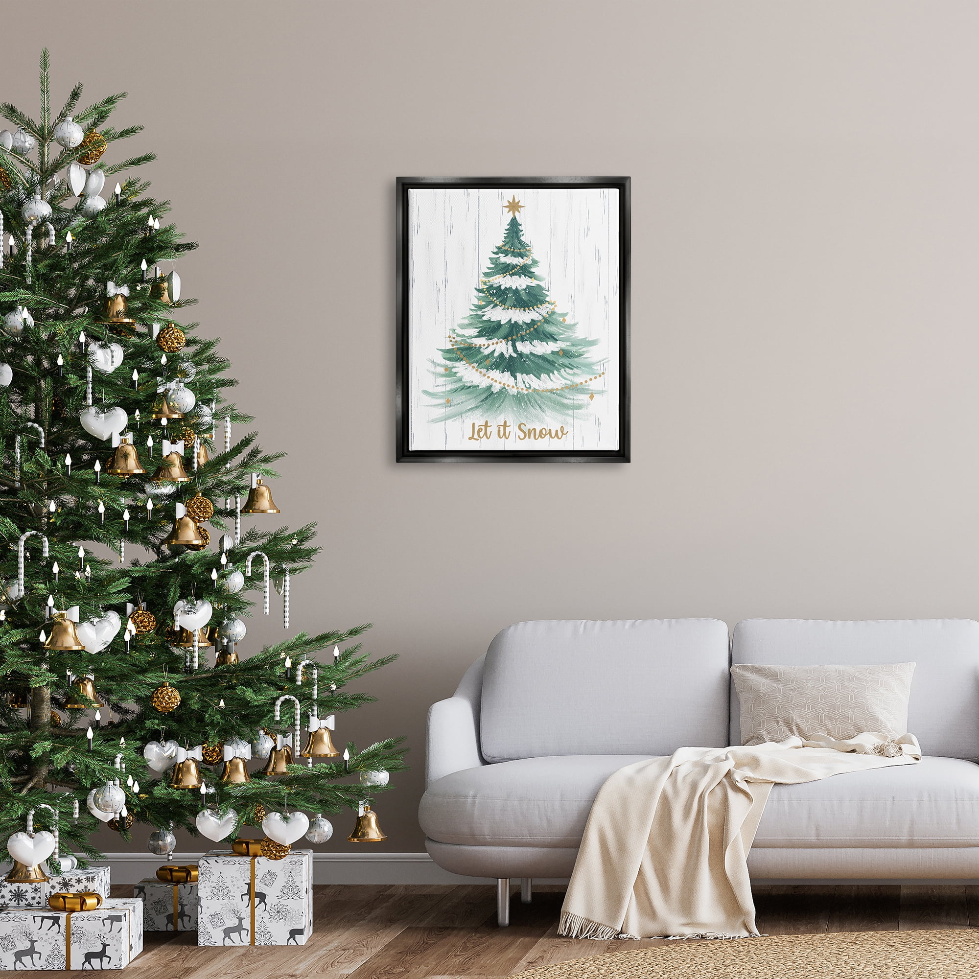 Stupell Industries Let it Snow Rustic Tree Holiday Painting Black Floater Framed Canvas Art Print Wall Art, 25 x 31