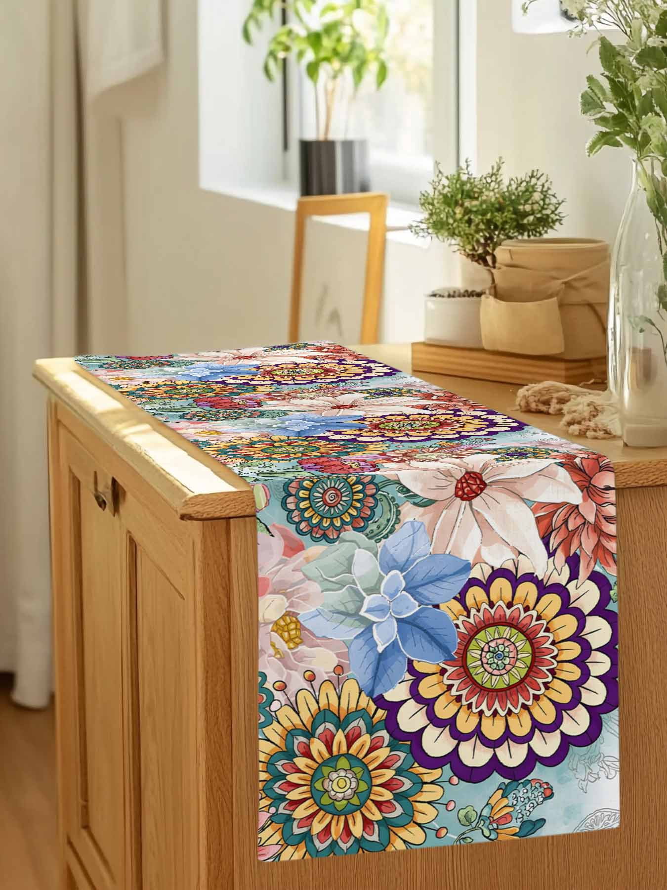 Vintage Bohemian Flowers Table Runner 90 Inches Long, Classic Farmhouse Floral Table Runners Tabletop Scarf Kitchen Dining Tables Decoration for Home Party Indoor Outdoor
