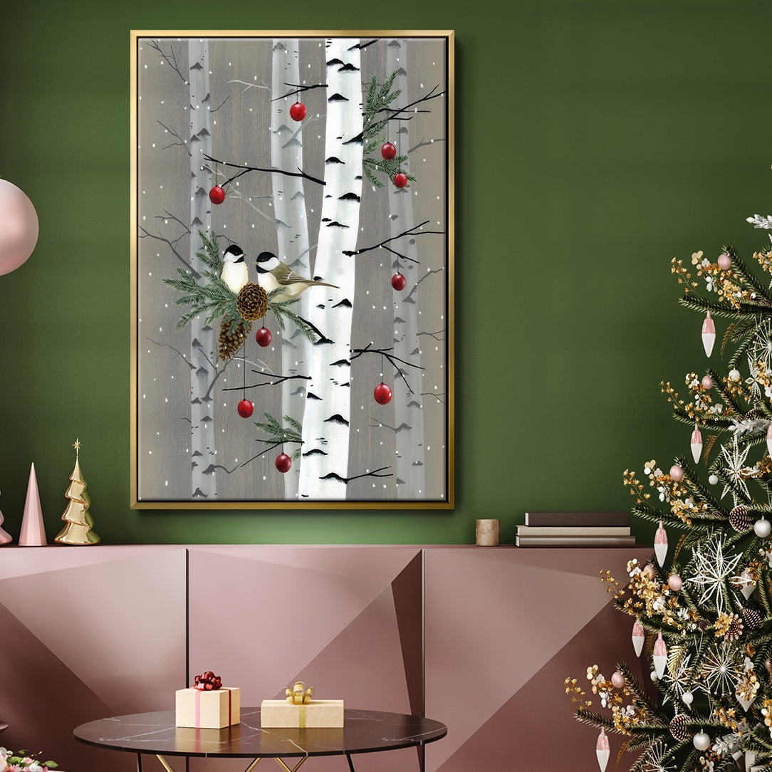Birch Birds II - Framed Gallery Wrapped Holiday Canvas - 25 x 37 - Gold Frame