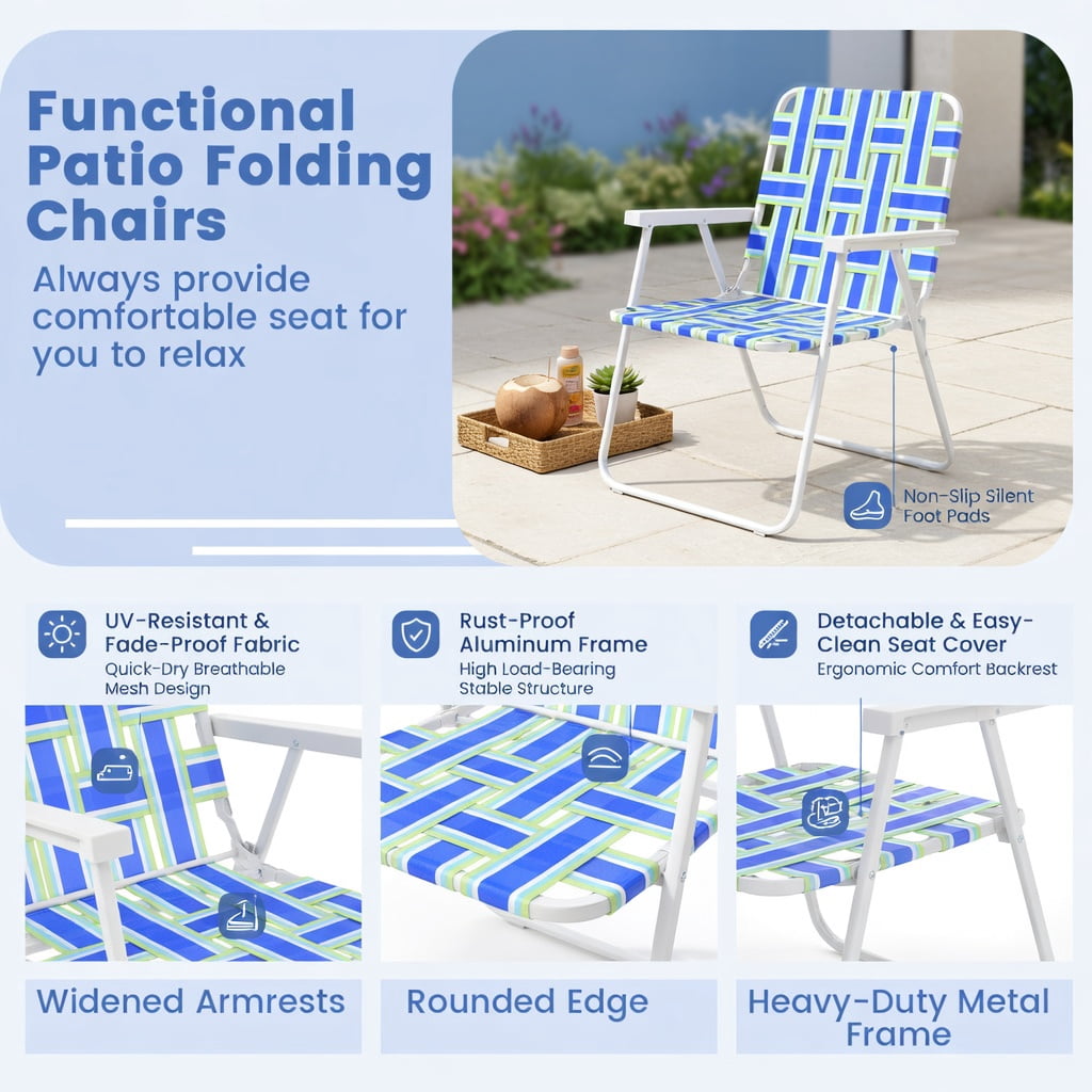 Hommoo 2-Pack Folding Beach Chairs for Camping & Lawn, Heavy-Duty Steel Frame, Fade-Resistant PE Webbing, Portable Lightweight Outdoor Chairs, Blue
