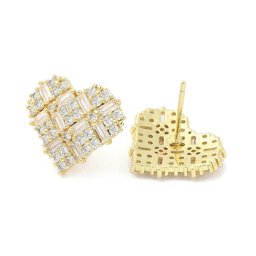 5pairs Rack Plating Brass Micro Pave Clear Cubic Zirconia Stud Earrings for Women Cadmium Free & Lead Free Long-Lasting Heart golden 14.5x17mm