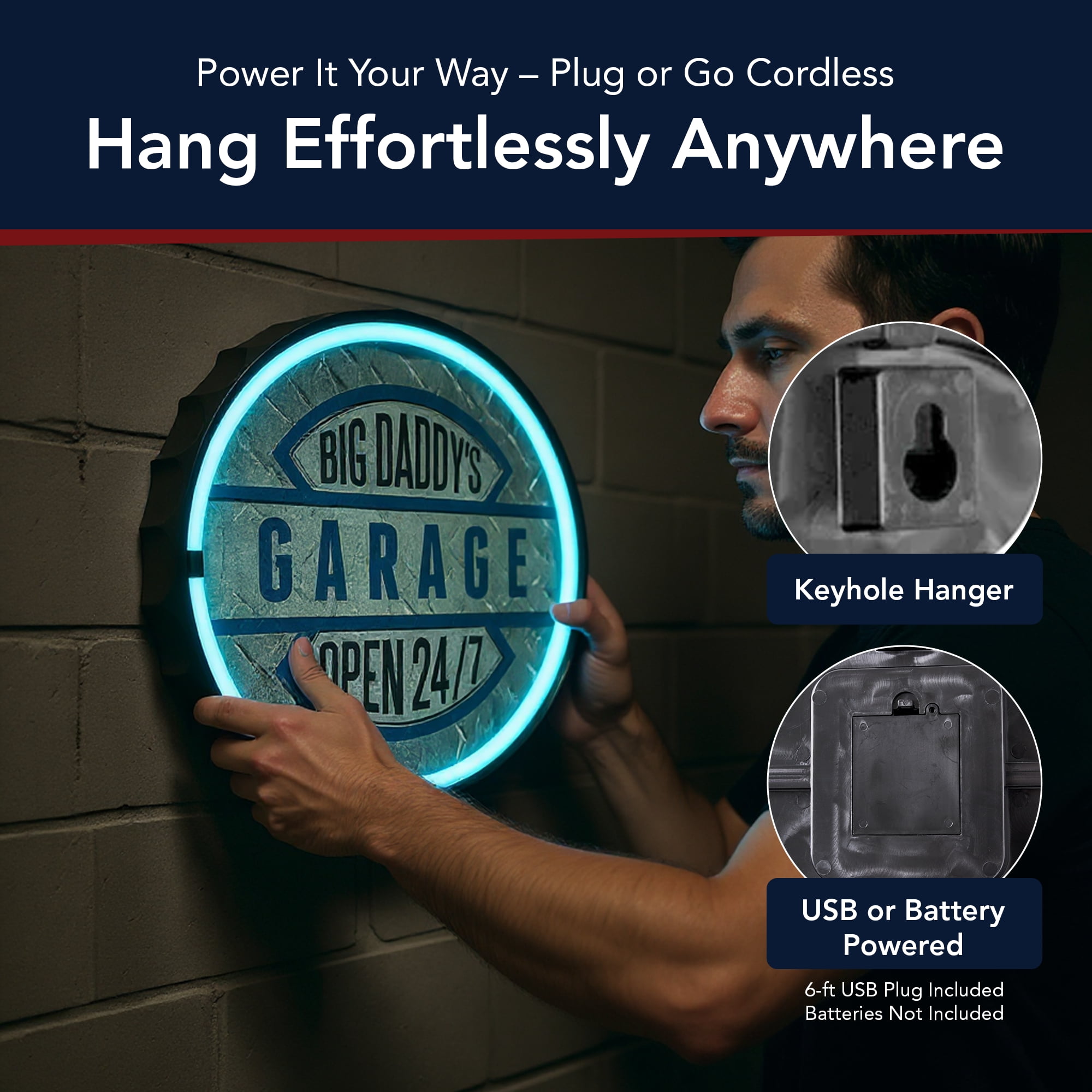 Big Daddy's Garage Open 24/7 Bottle Cap LED Sign